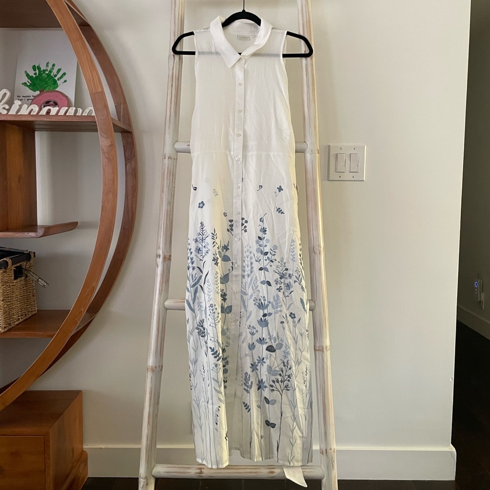 White linen full length dress, buttons down middle